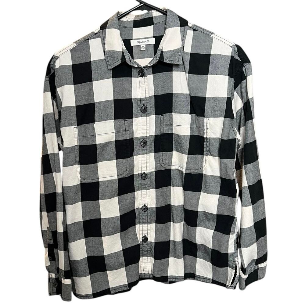 Madewell Buffalo Check Plaid Button Front Shirt Black White Gray Flannel - XS